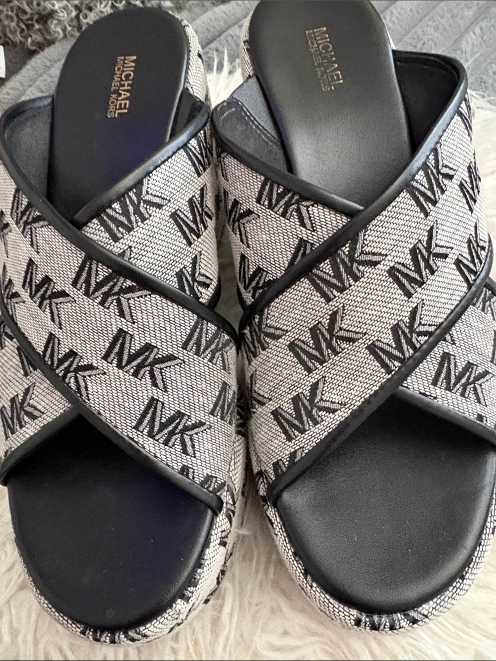 Michael Kors Black and White MK Crisscross Logo Slides